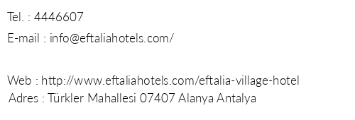 Eftalia Village Hotel telefon numaralar, faks, e-mail, posta adresi ve iletiim bilgileri